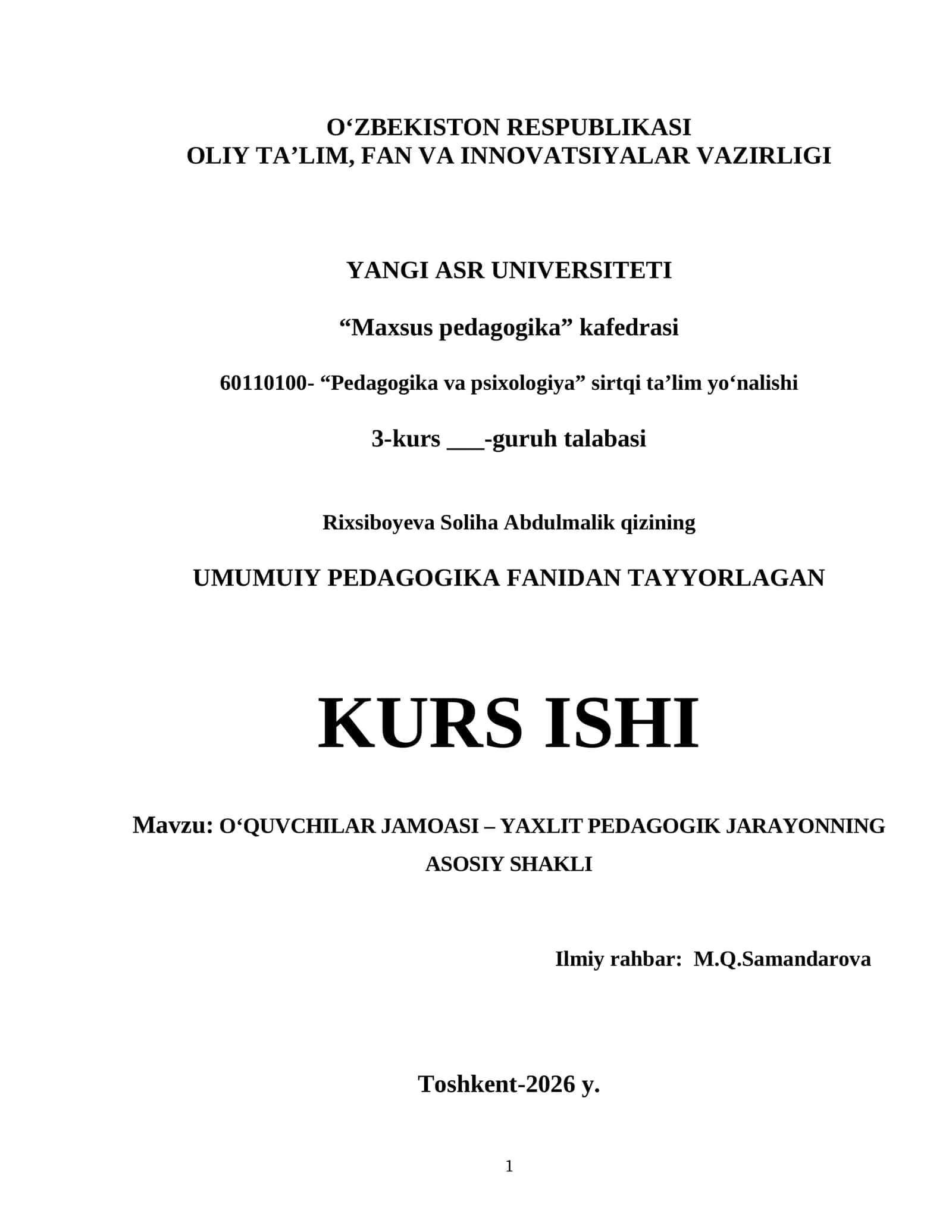 O‘QUVCHILAR JAMOASI – YAXLIT PEDAGOGIK JARAYONNING ASOSIY SHAKLI