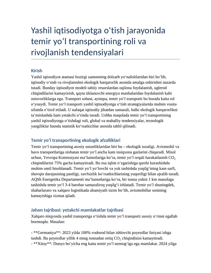 Temir yo‘l transportining roli va rivojlanish tendensiyalari