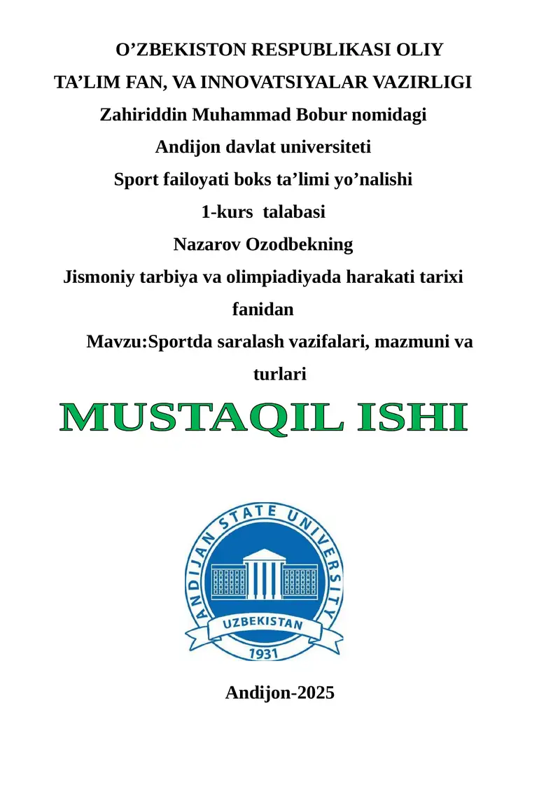 Sportda saralash vazifalari, mazmuni va turlari