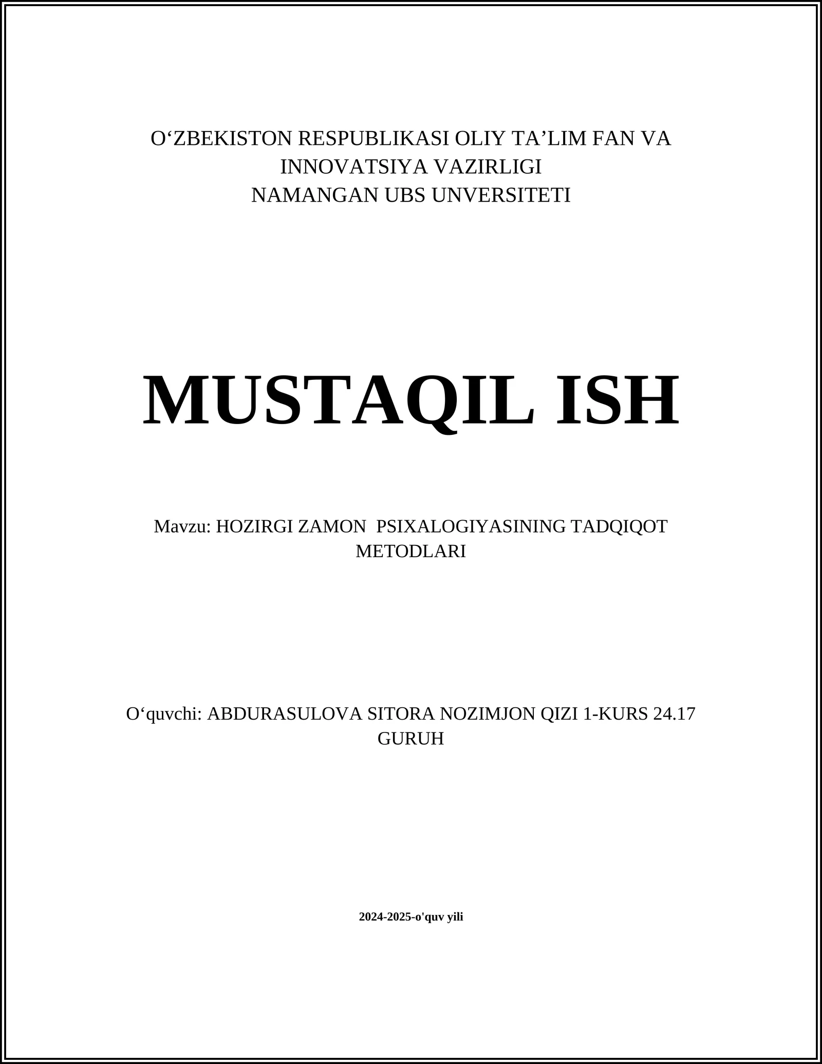 HOZIRGI ZAMON PSIXALOGIYASINING TADQIQOT METODLARI
