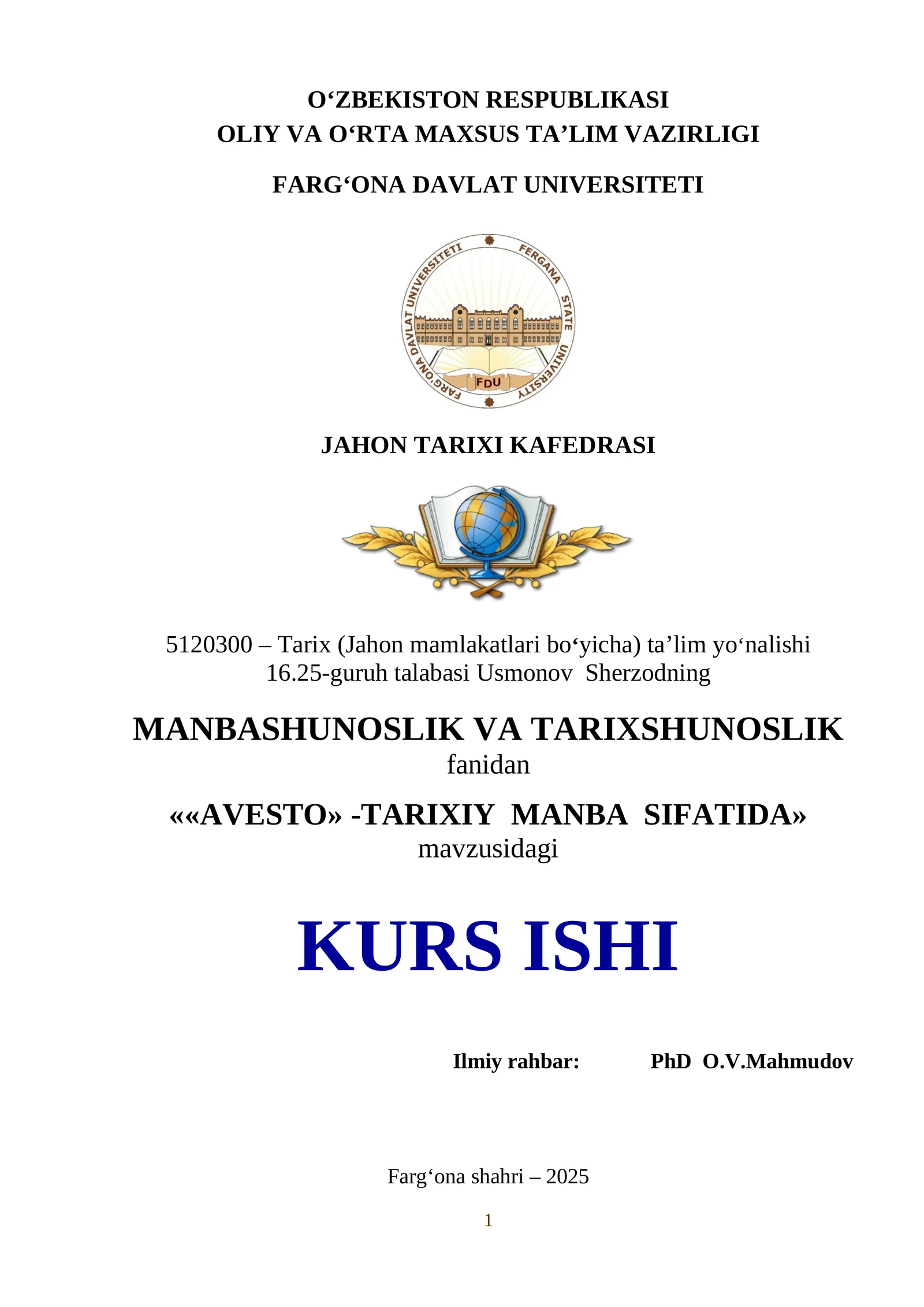 AVESTO» -TARIXIY MANBA SIFATIDA