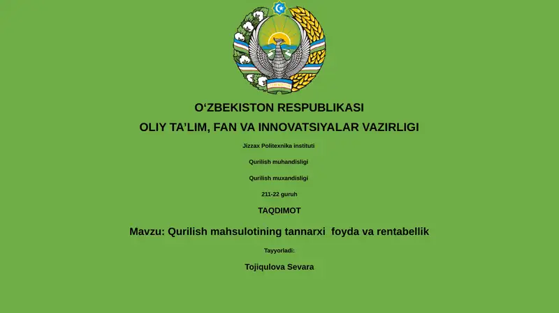 Qurilish mahsulotining tannarxi foyda va rentabellik