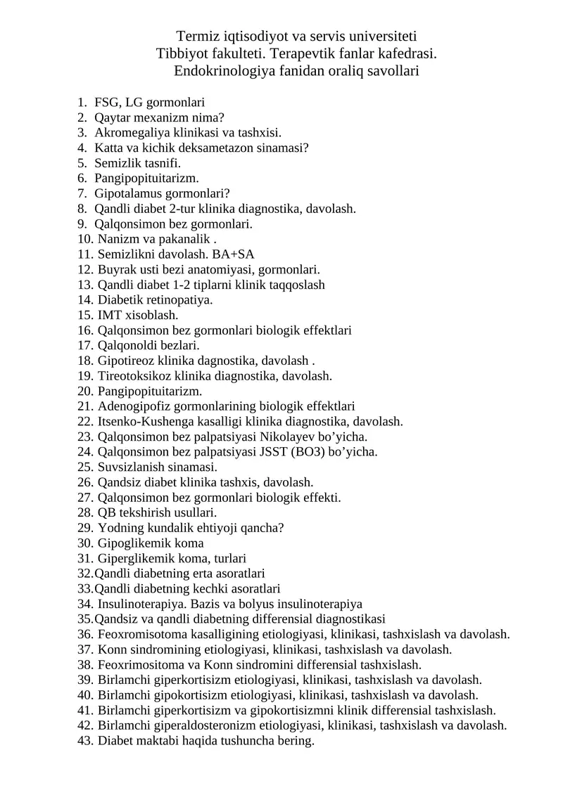 Tibbiyot Endokrinologiya Savollari