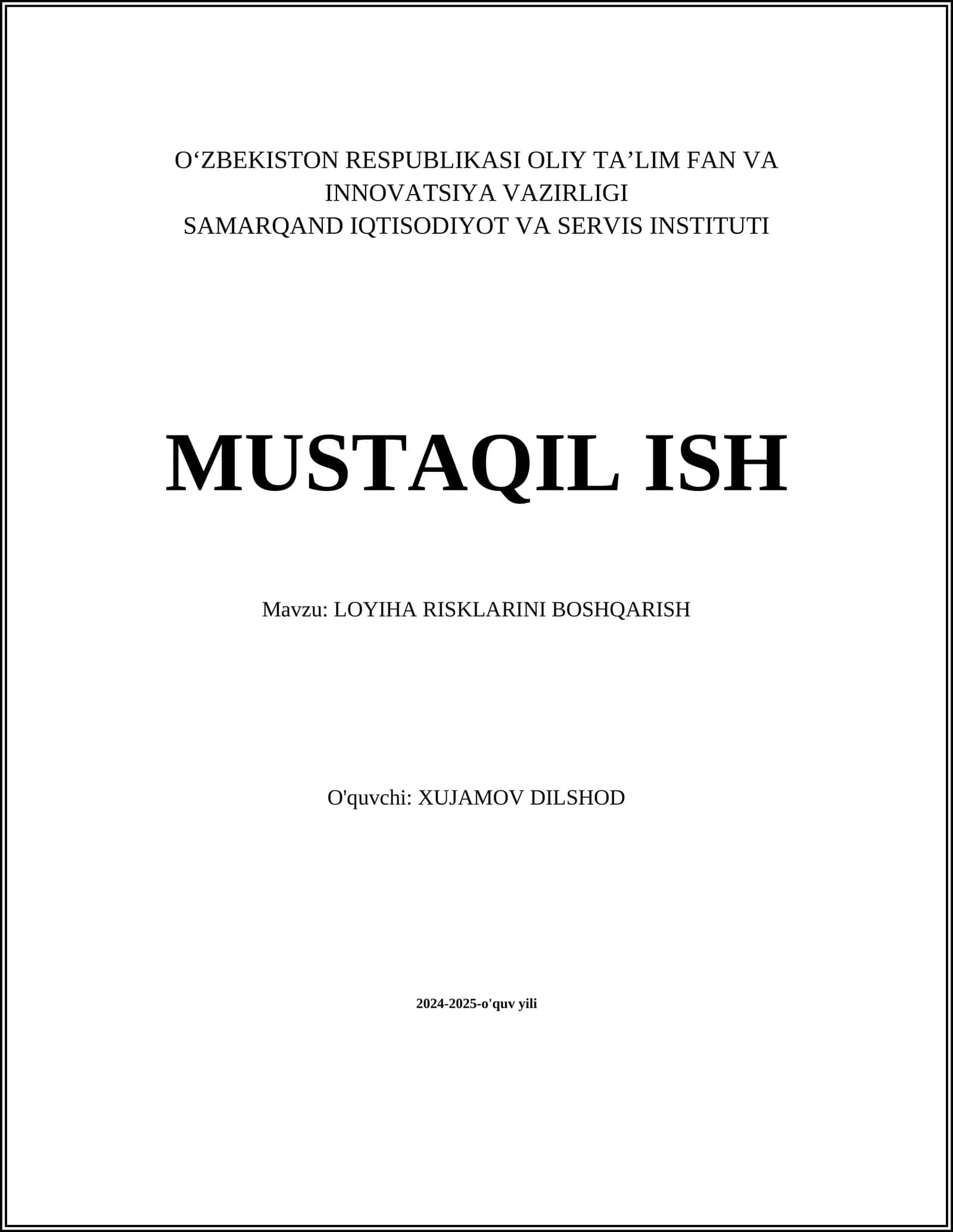 LOYIHA RISKLARINI BOSHQARISH