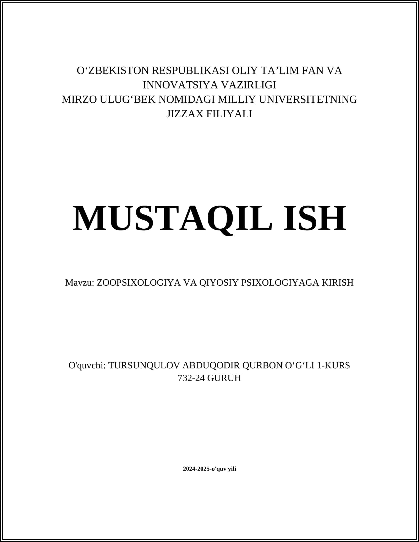 ZOOPSIXOLOGIYA VA QIYOSIY PSIXOLOGIYAGA KIRISH