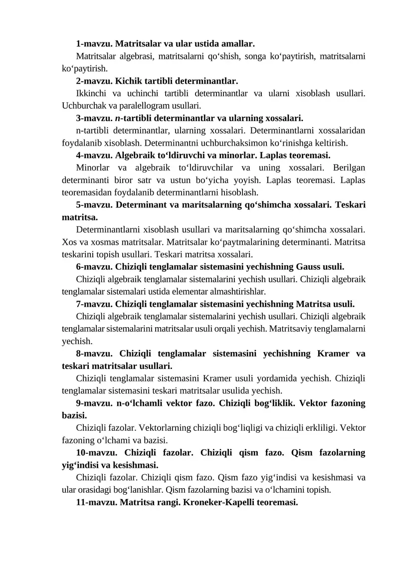 Matritsalar va ular ustida amallar