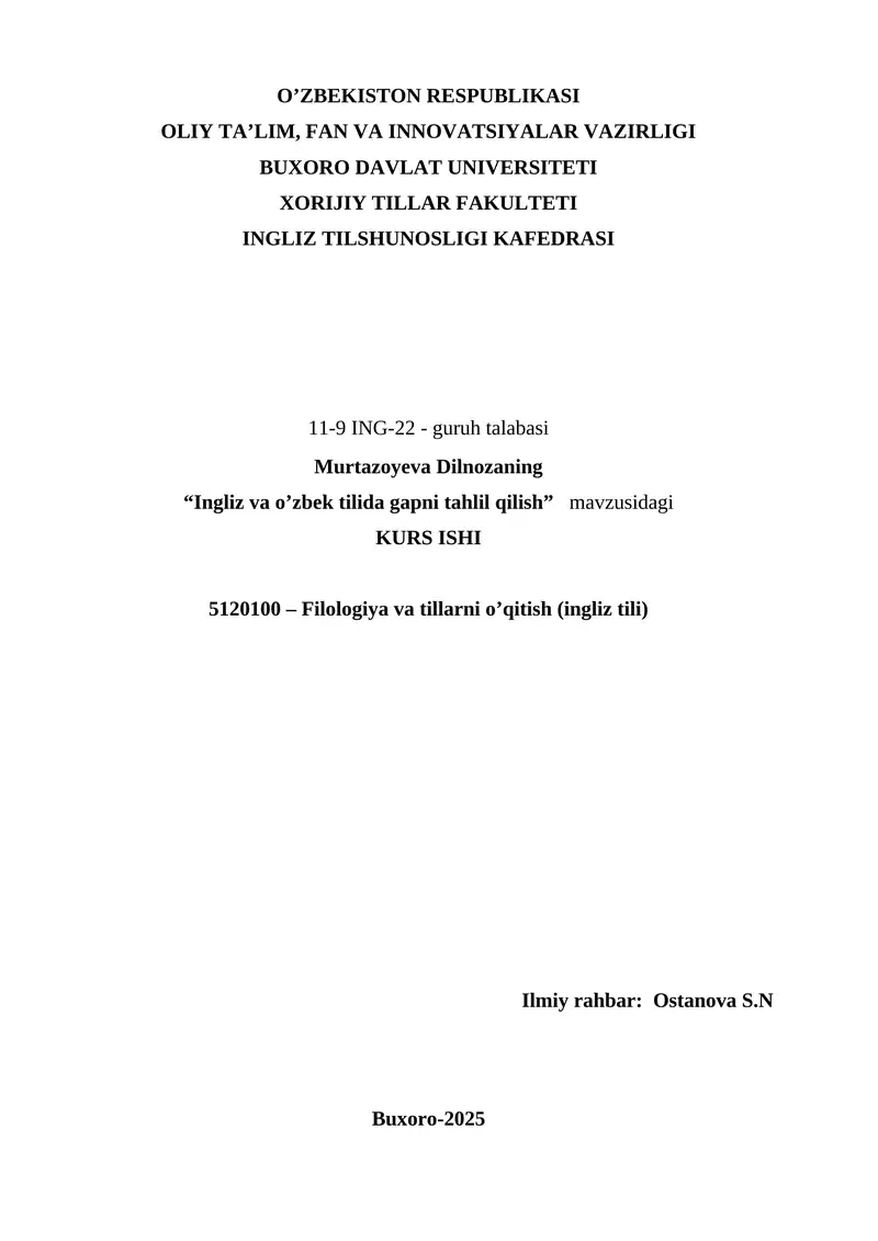 KURS ISHI "Ingliz va o’zbek tilida gapni tahlil qilish"