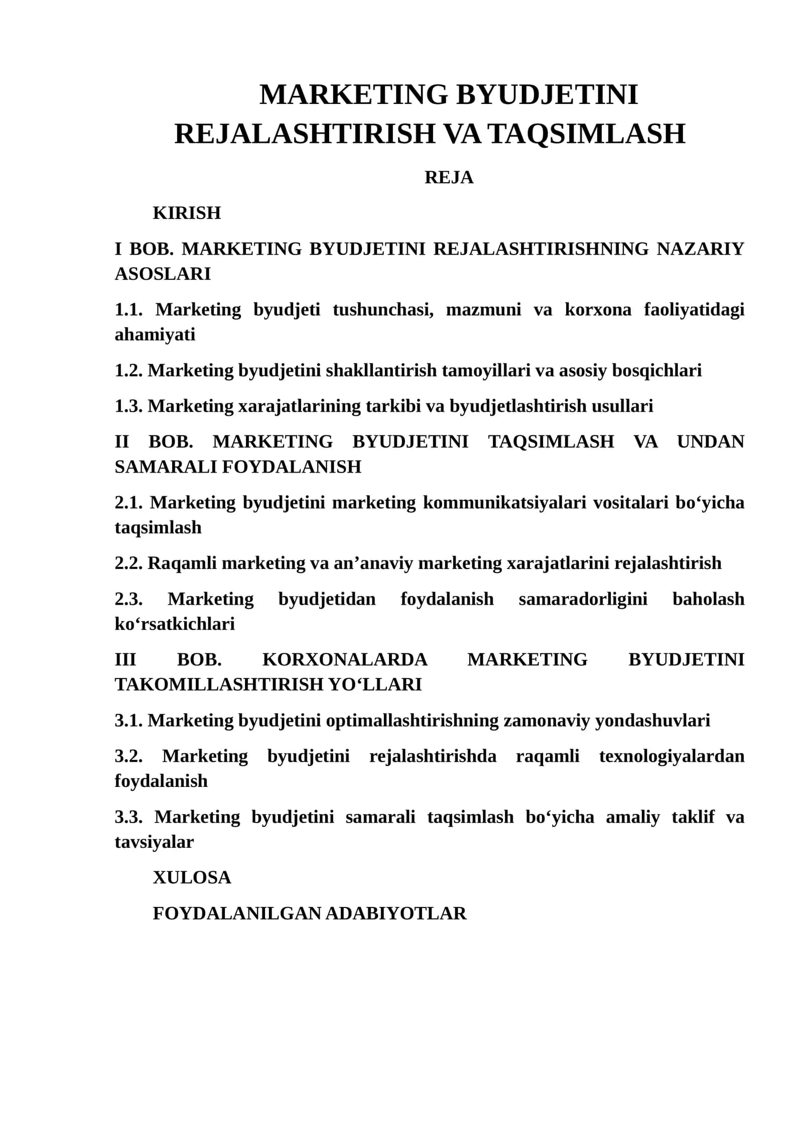 MARKETING BYUDJETINI REJALASHTIRISH VA TAQSIMLASH