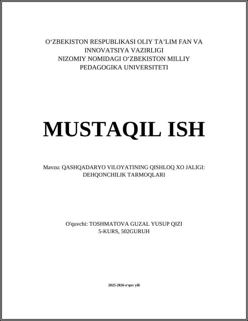 QASHQADARYO VILOYATINING QISHLOQ XO JALIGI: DEHQONCHILIK TARMOQLARI