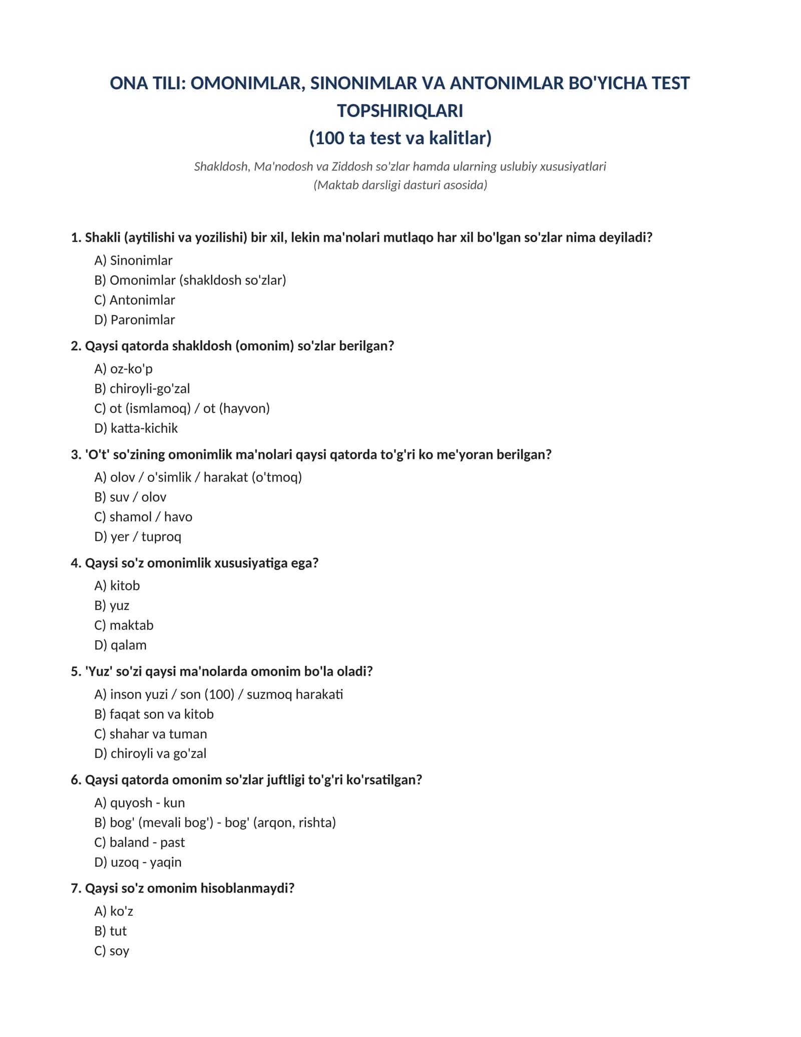 ONA TILI: OMONIMLAR, SINONIMLAR VA ANTONIMLAR BO'YICHA TEST TOPSHIRIQLARI (100 ta test va kalitlar)