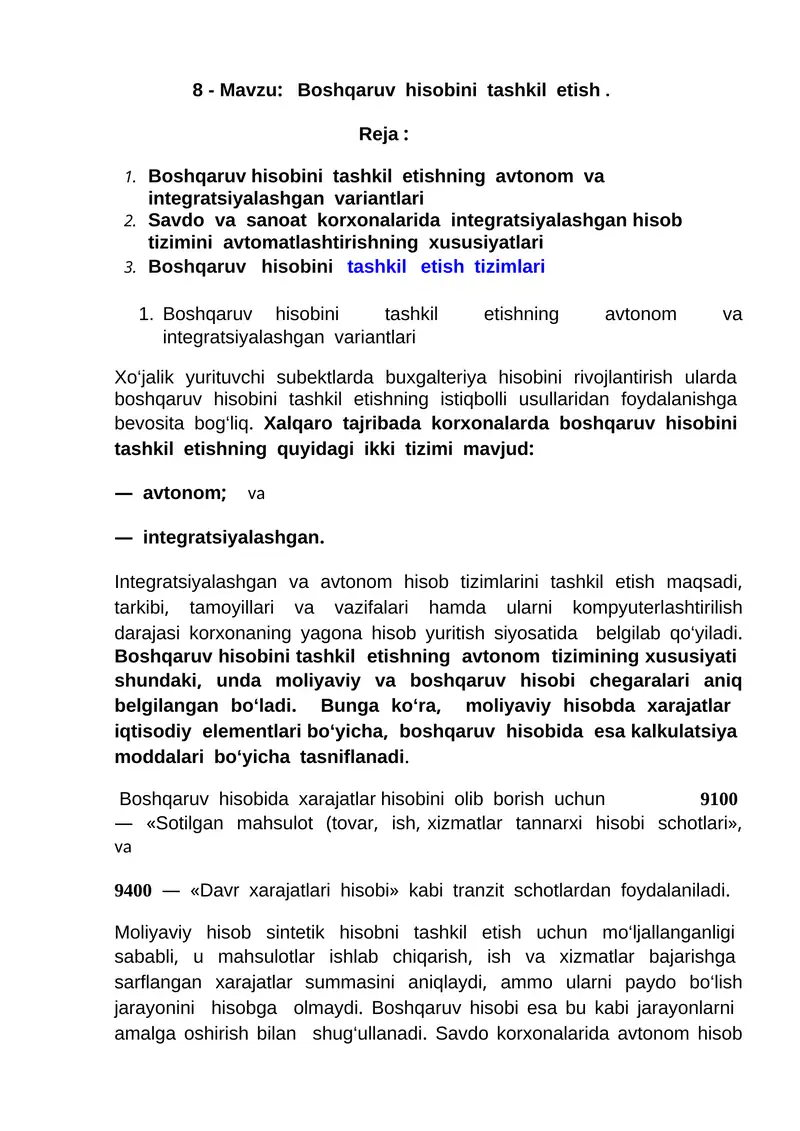 Boshqaruv hisobini tashkil etish