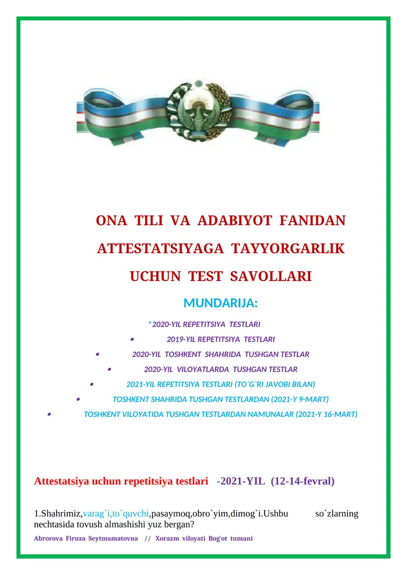 ONA TILI VA ADABIYOT FANIDAN ATTESTATSIYAGA TAYYORGARLIK UCHUN TEST SAVOLLARI