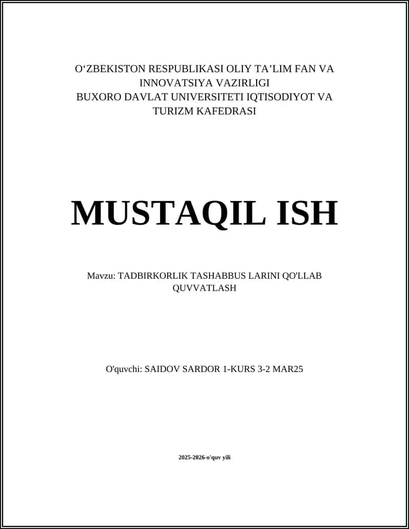 TADBIRKORLIK TASHABBUSLARINI QO'LLAB-QUVVATLASH