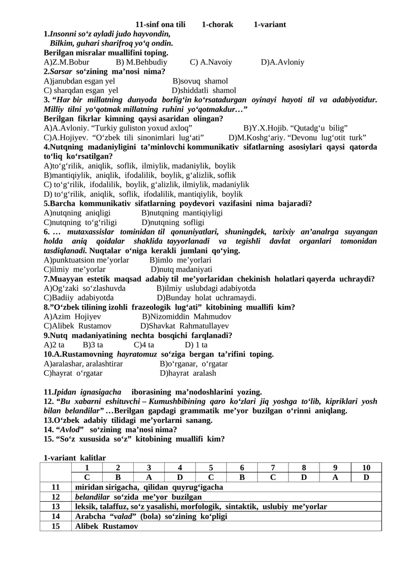 11-sinf ona tili 1-chorak 1-variant