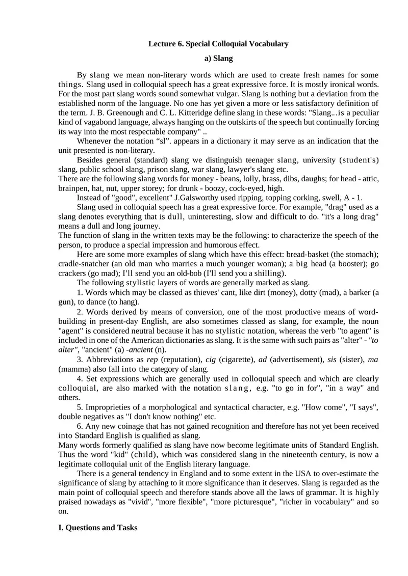 Lecture 6. Special Colloquial Vocabulary