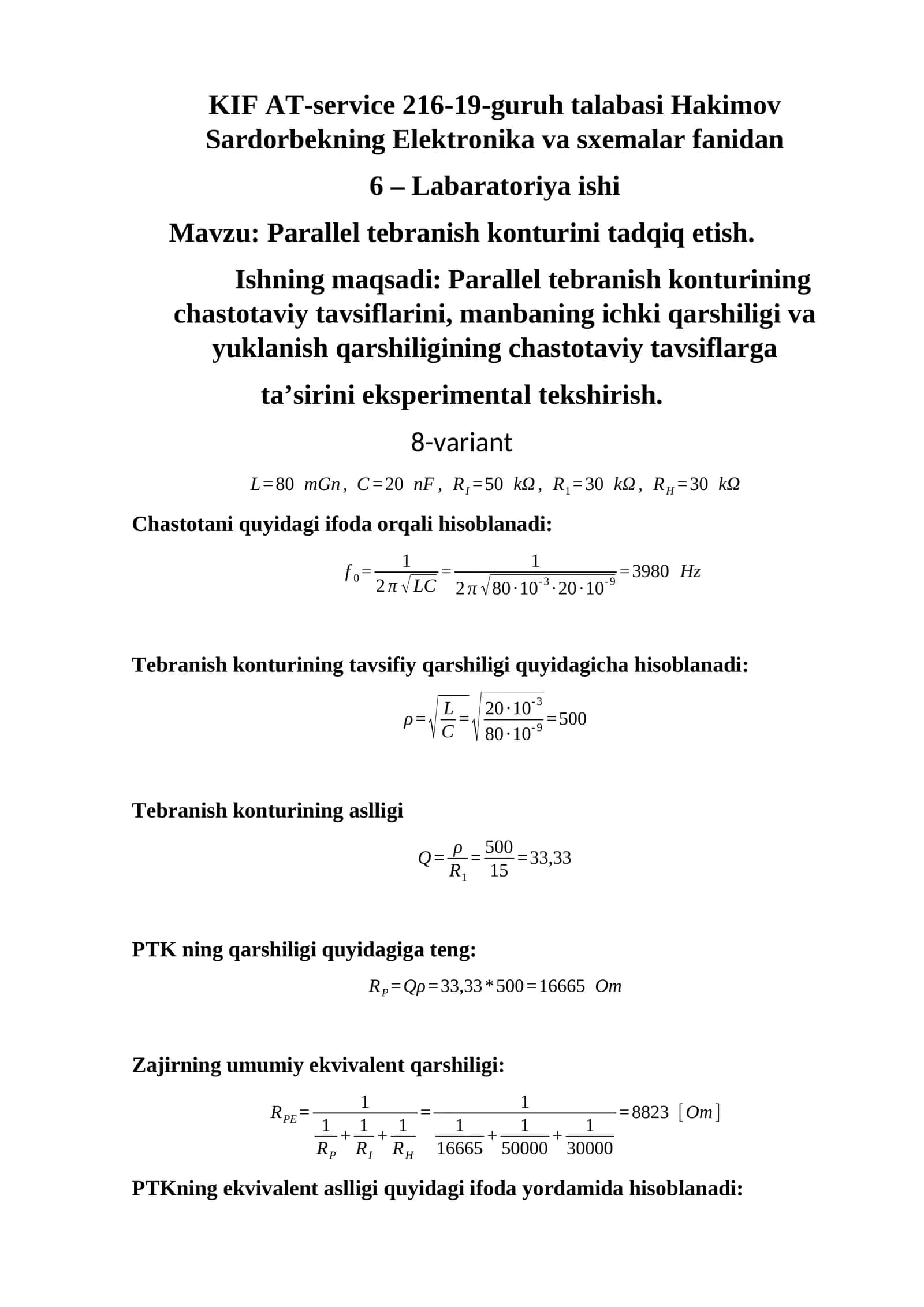 Parallel tebranish konturini tadqiq etish (Labaratoriya ishi)