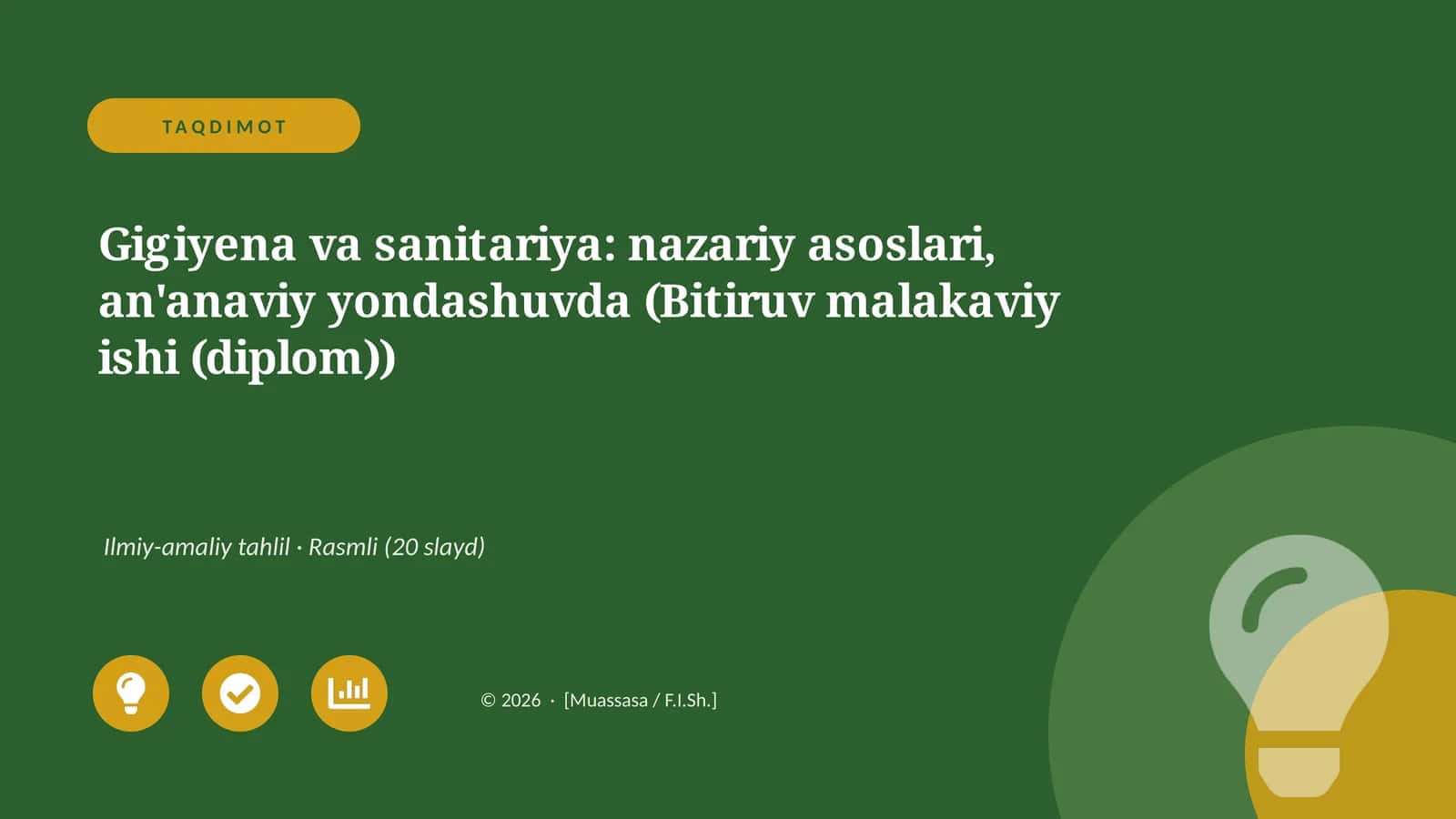 Gigiyena va sanitariya: nazariy asoslari, an'anaviy yondashuvda (Bitiruv malakaviy ishi (diplom))
