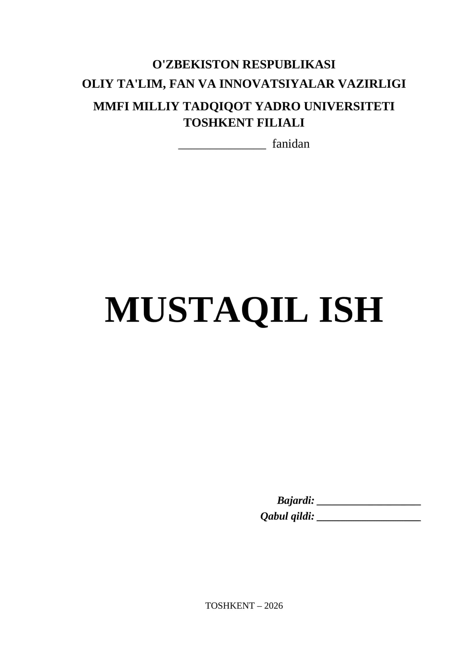 Mmfi Milliy Tadqiqot Yadro Universiteti Toshkent Filiali Mustaqil Ish Titul Varaq (.docx)