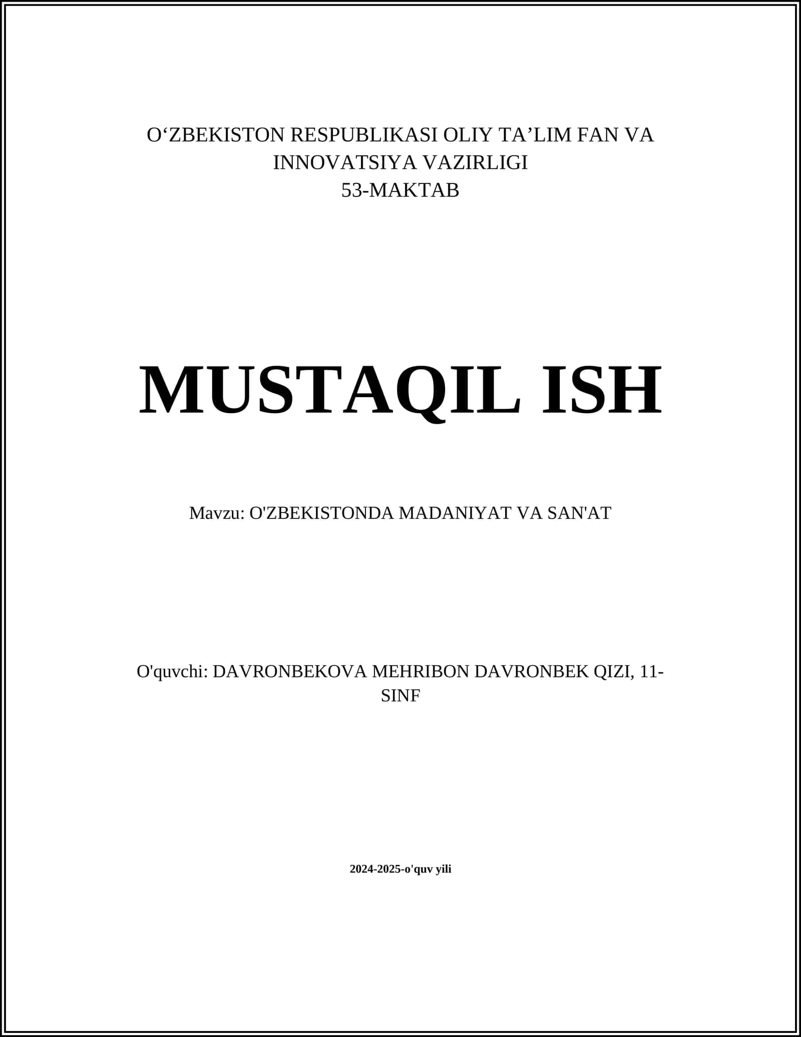 O'ZBEKISTONDA MADANIYAT VA SAN'AT