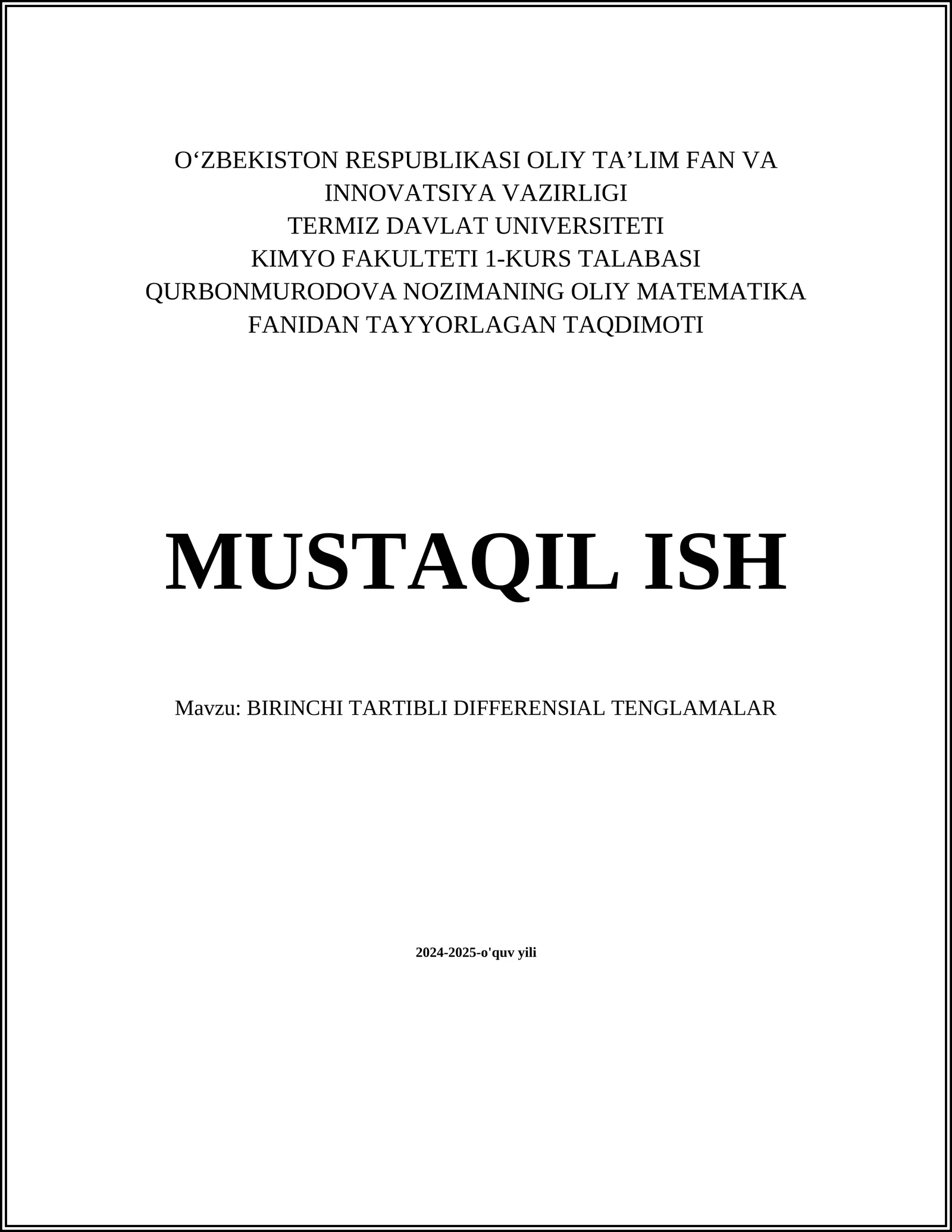 BIRINCHI TARTIBLI DIFFERENSIAL TENGLAMALAR