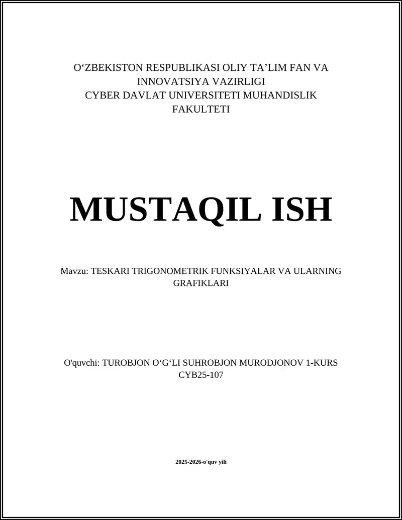 TESKARI TRIGONOMETRIK FUNKSIYALAR VA ULARNING GRAFIKLARI