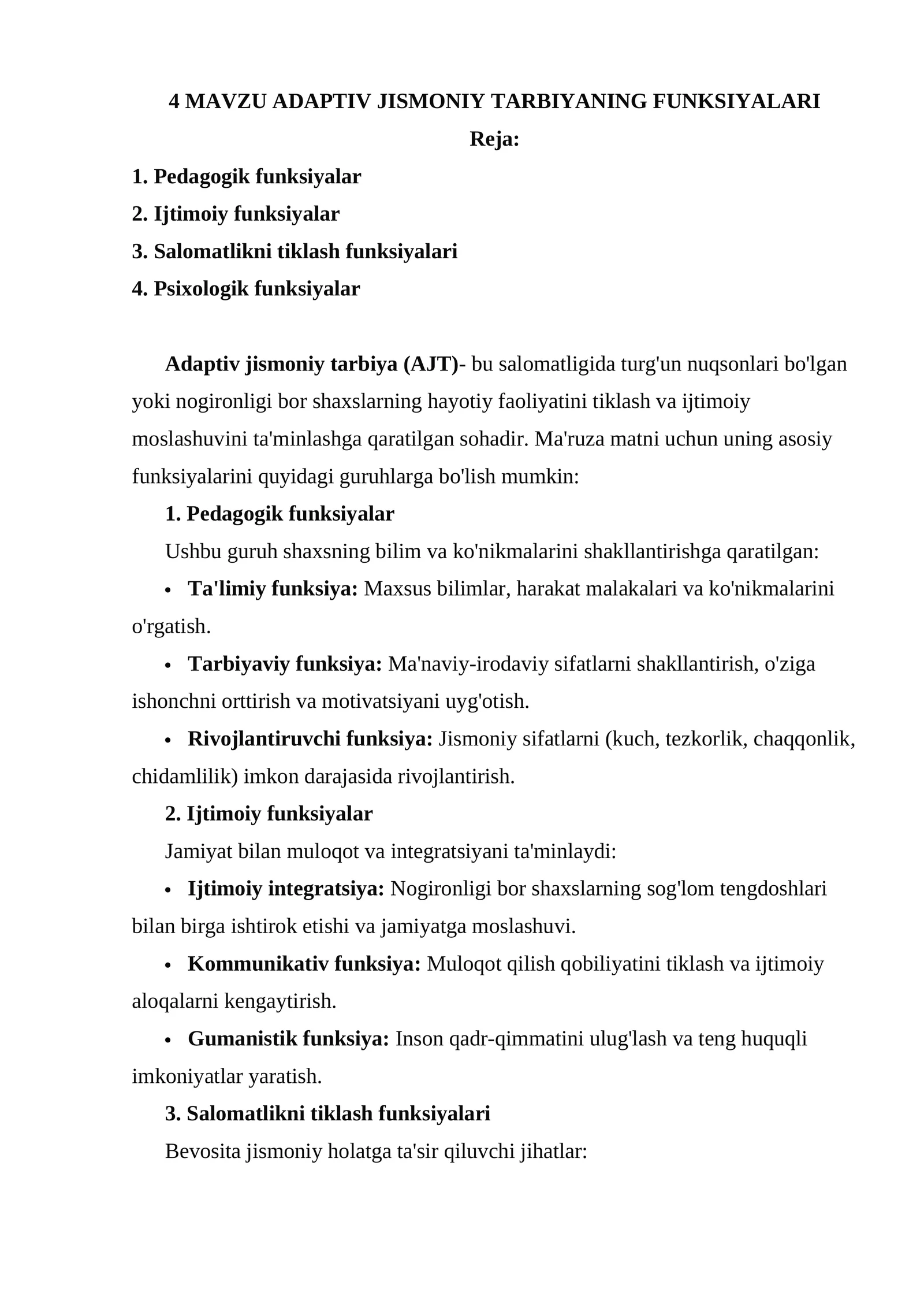 ADAPTIV JISMONIY TARBIYANING FUNKSIYALARI