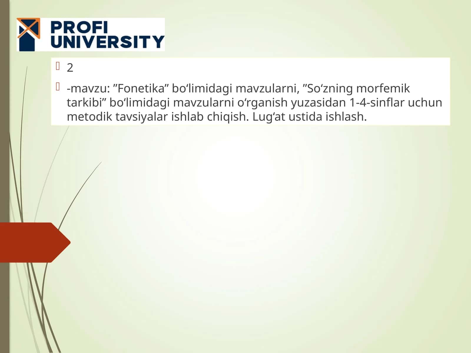 ”Fonetika” bo‘limidagi mavzularni, ”So‘zning morfemik tarkibi” bo‘limidagi mavzularni o‘rganish yuzasidan 1-4-sinflar uchun metodik tavsiyalar ishlab chiqish. Lug‘at ustida ishlash