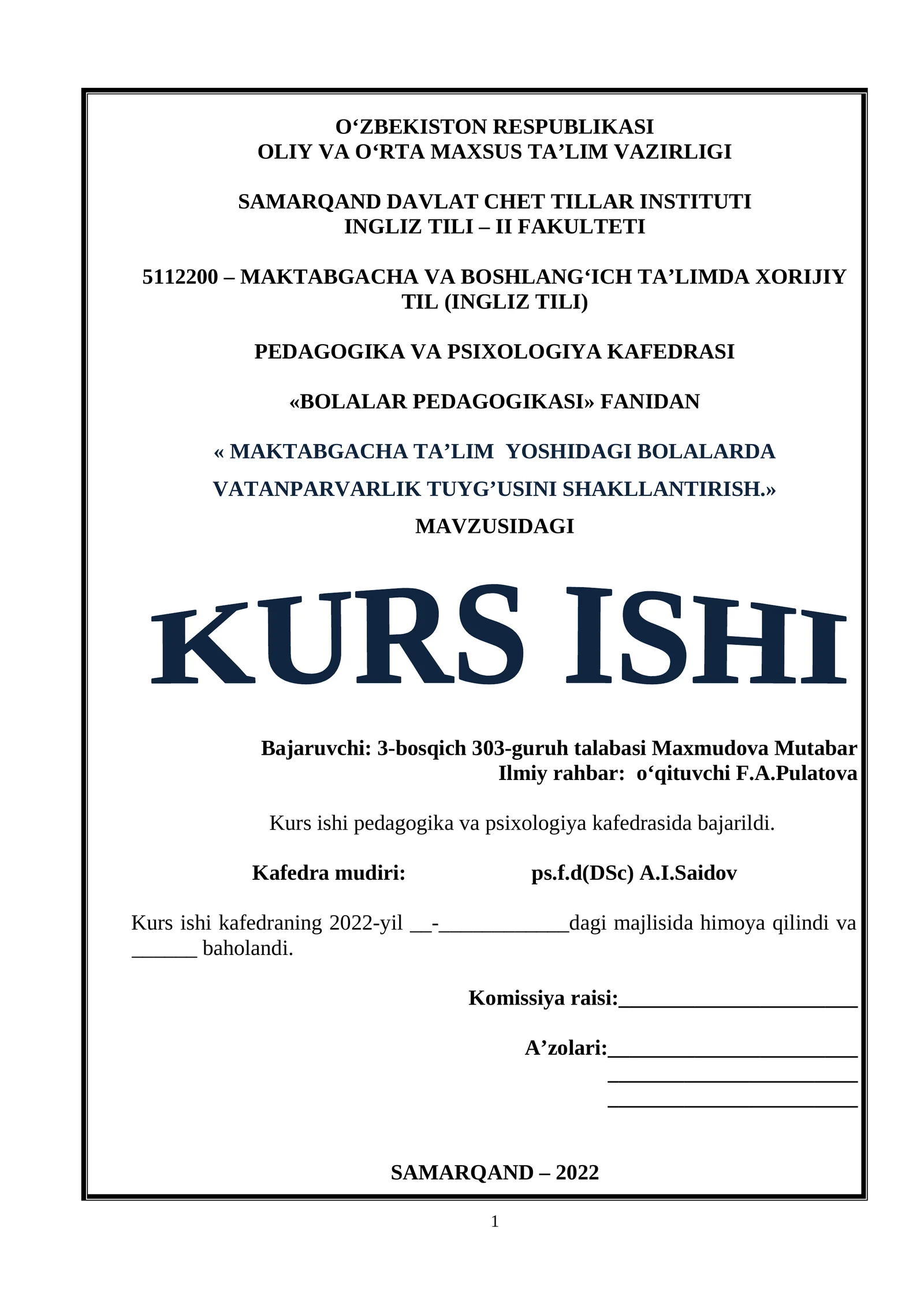 MAKTABGACHA TA’LIM YOSHIDAGI BOLALARDA VATANPARVARLIK TUYG’USINI SHAKLLANTIRISH