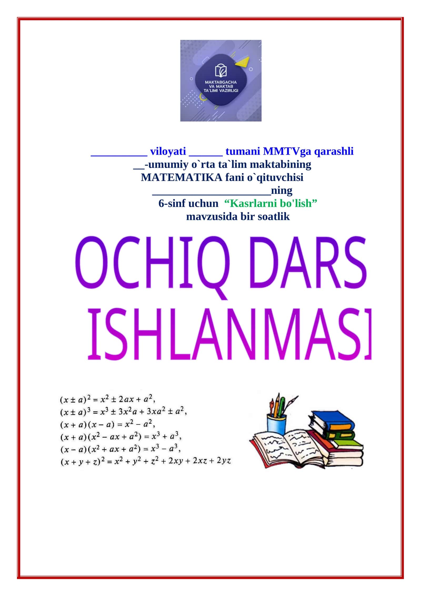 6-sinf Matematika Kasrlarni bo'lish
