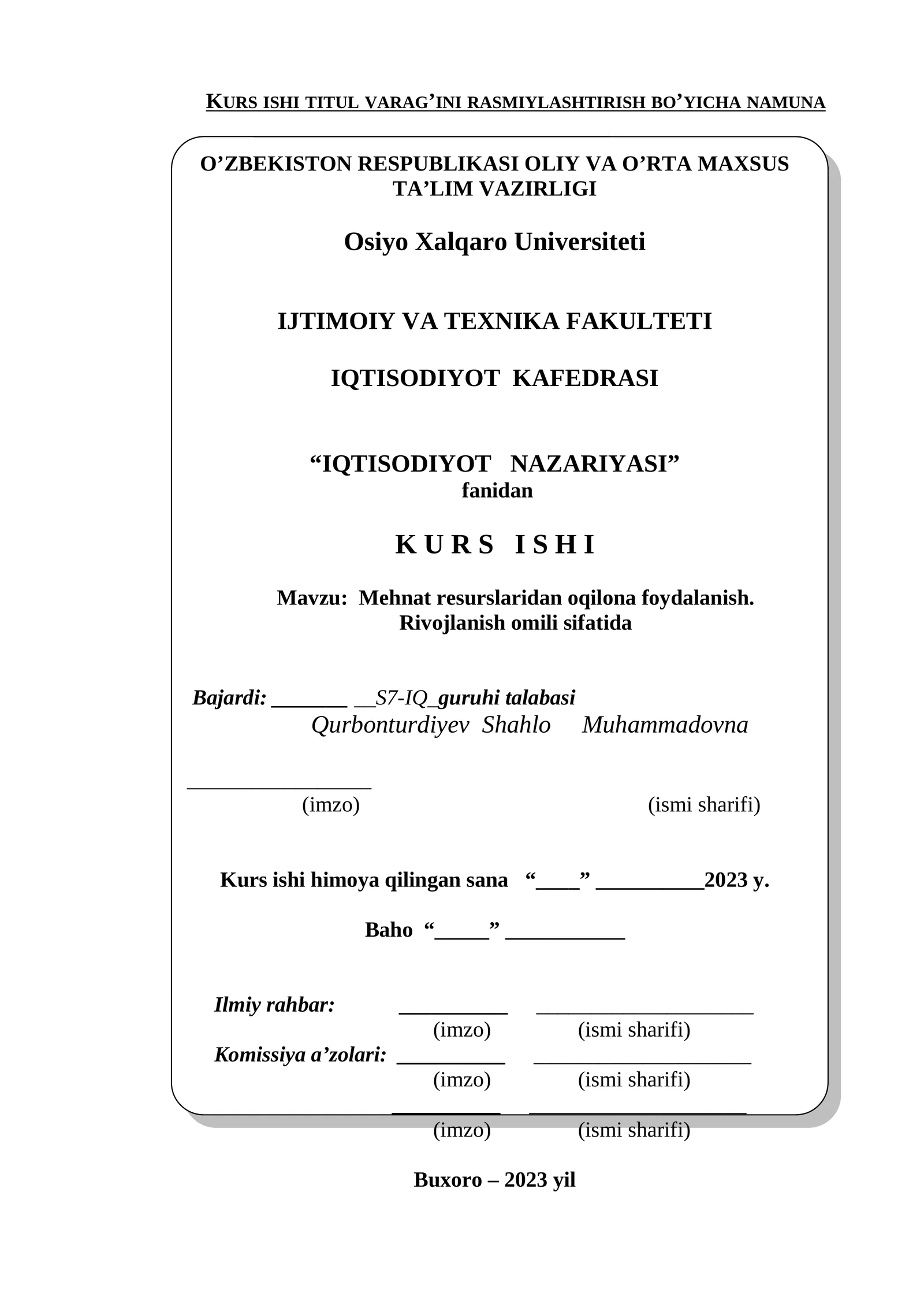 Kurs ishi titul varag’ini rasmiylashtirish bo’yicha namuna