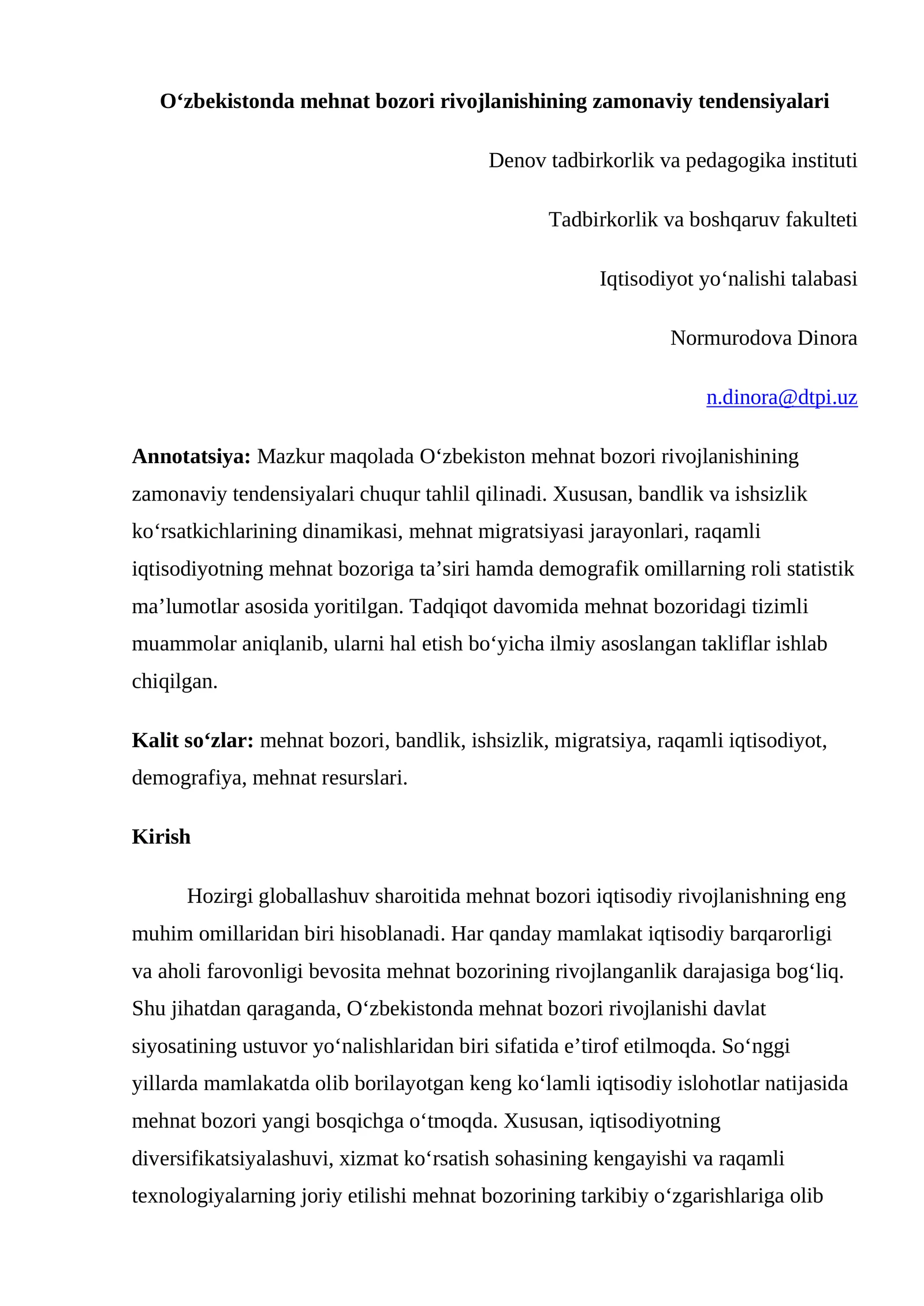 O‘zbekistonda mehnat bozori rivojlanishining zamonaviy tendensiyalari