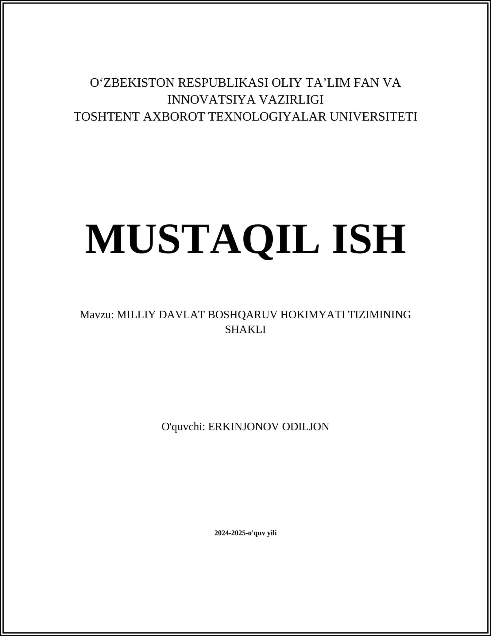 MILLIY DAVLAT BOSHQARUV HOKIMYATI TIZIMINING SHAKLI