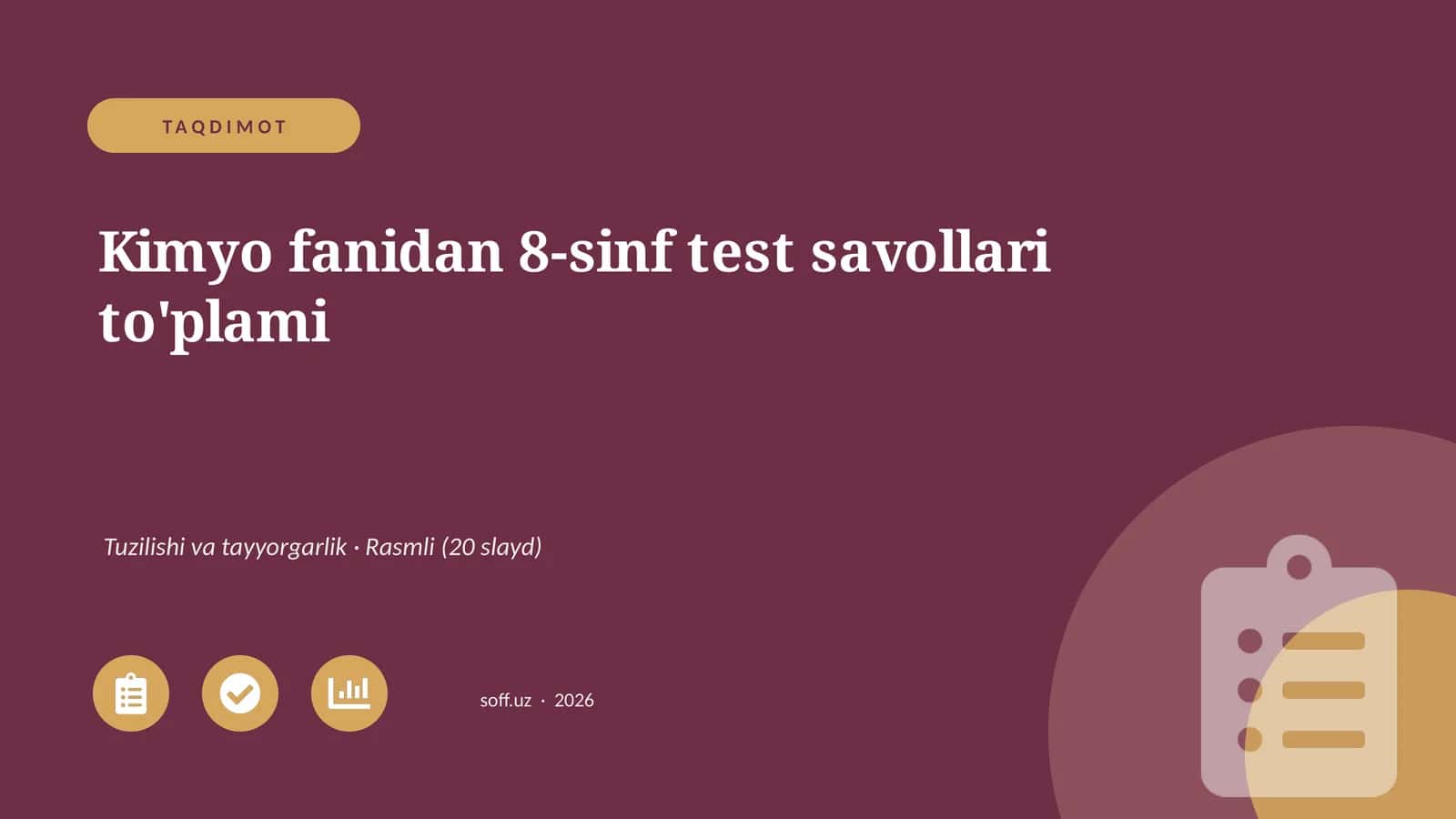 Kimyo fanidan 8-sinf test savollari to'plami