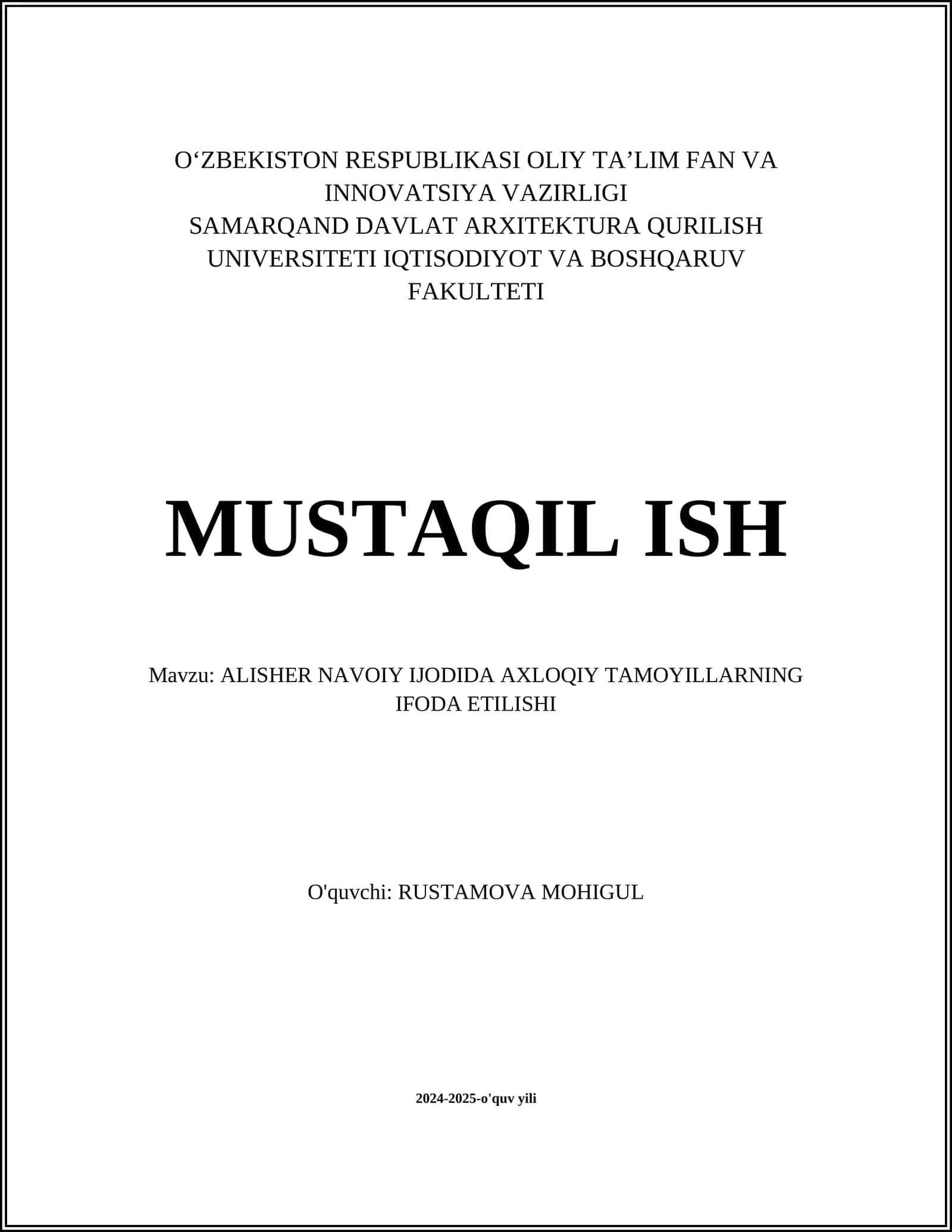 ALISHER NAVOIY IJODIDA AXLOQIY TAMOYILLARNING IFODA ETILISHI