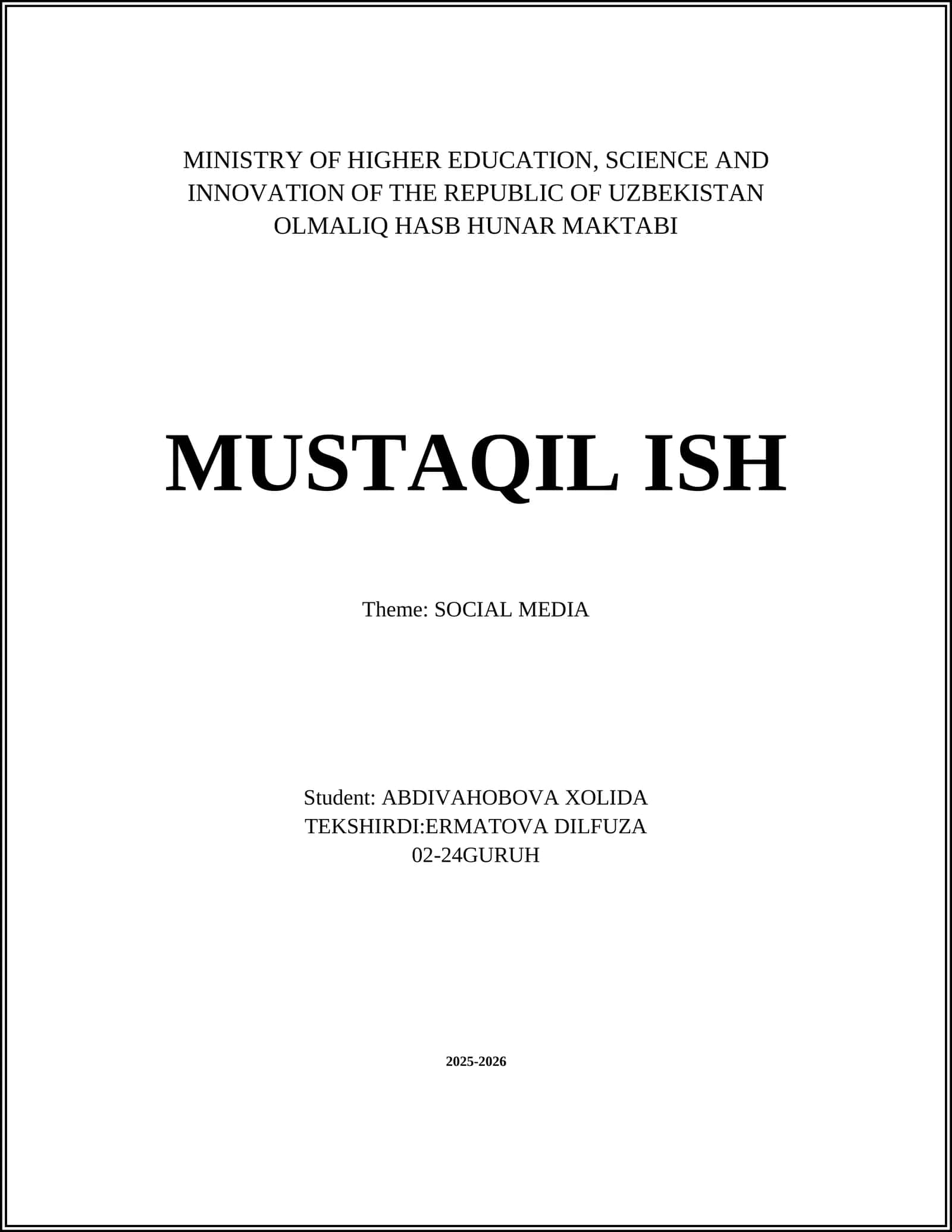 OLMAZIQ HASB HUNAR MAKTABI - MUSTAQIL ISH