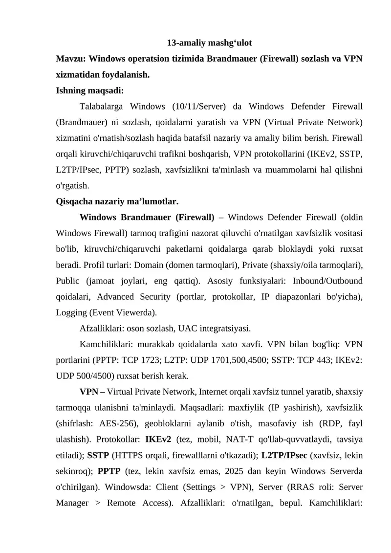 Windows operatsion tizimida Brandmauer (Firewall) sozlash va VPN xizmatidan foydalanish