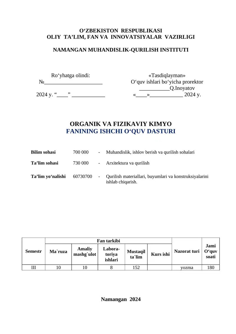 ORGANIK VA FIZIKAVIY KIMYO FANINING ISHCHI O‘QUV dasturI