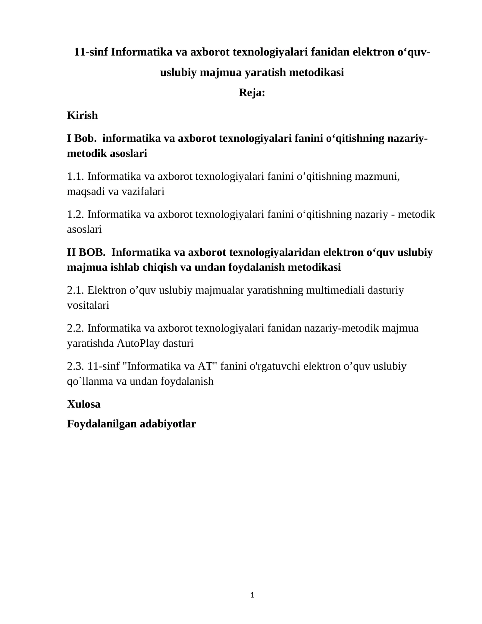11-sinf Informatika va axborot texnologiyalari fanidan elektron o‘quv-uslubiy majmua yaratish metodikasi