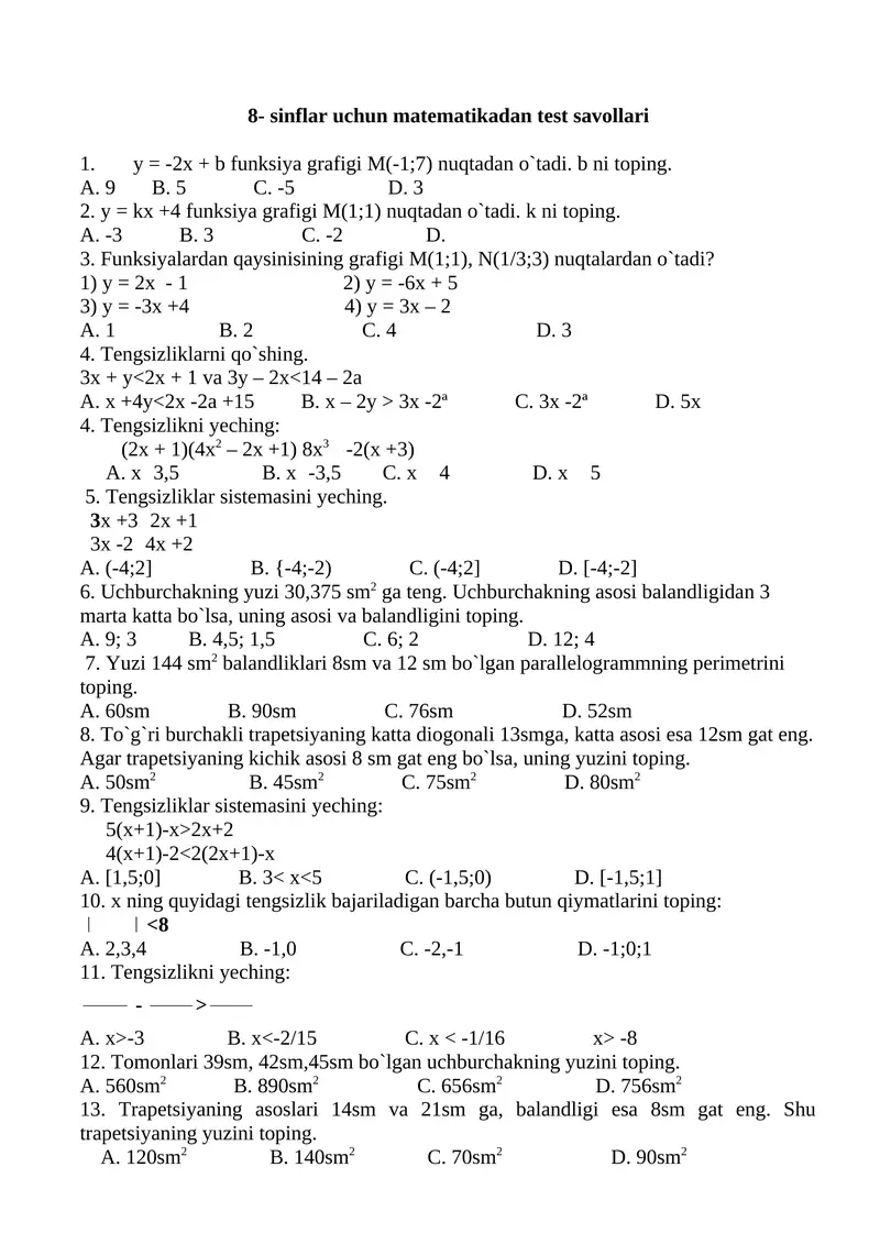 8- sinflar uchun matematikadan test savollari