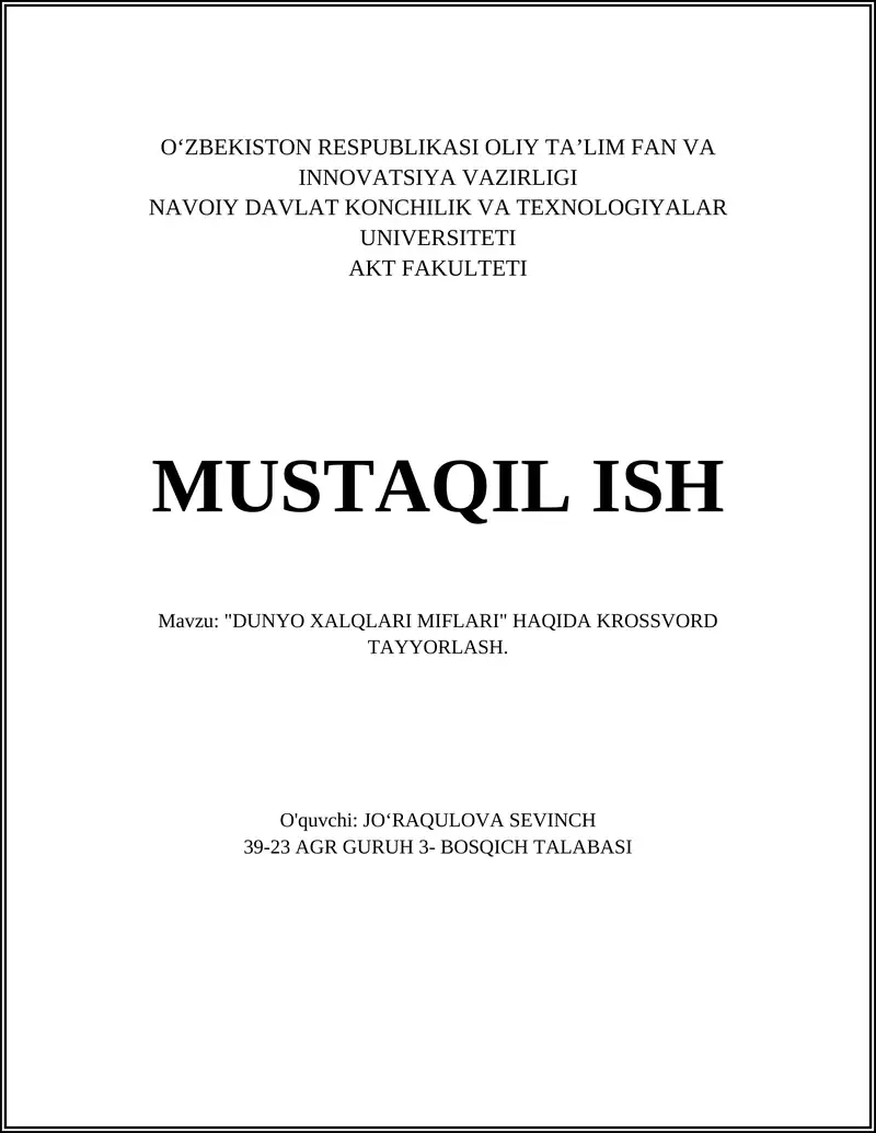 DUNYO XALQLARI MIFLARI KROSSVORD TAYYORLASH