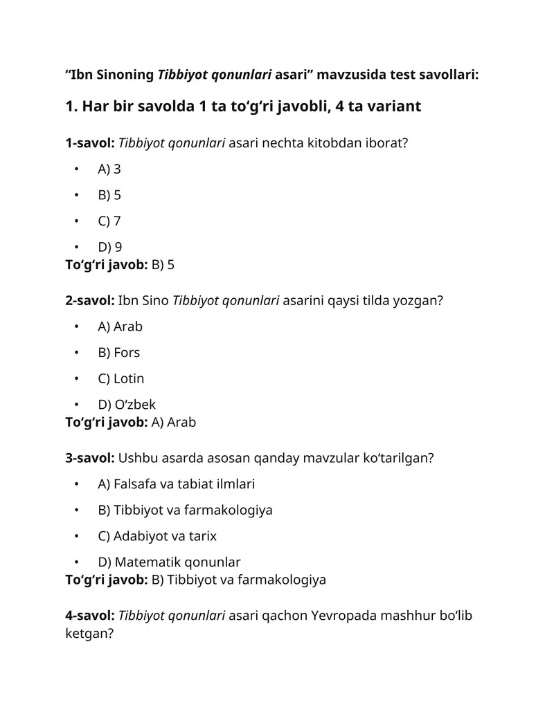 "Ibn Sinoning Tibbiyot qonunlari asari" test savollari