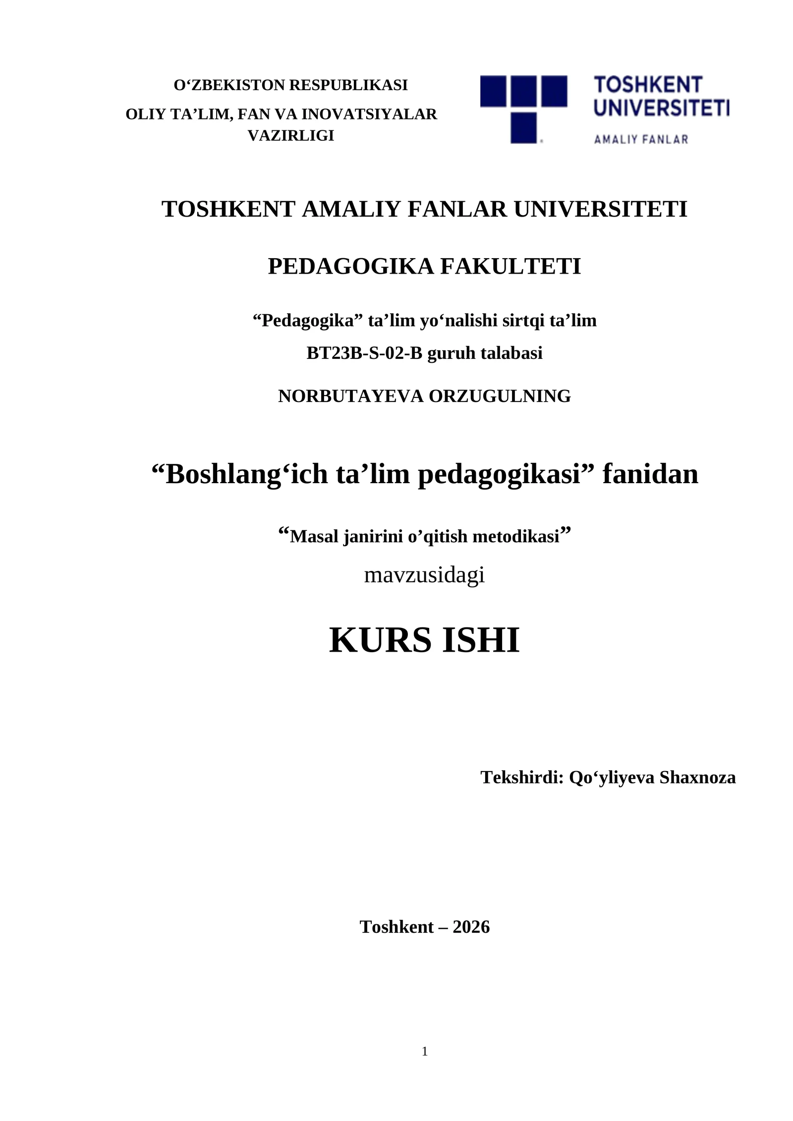 Masal janirini o’qitish metodikasi