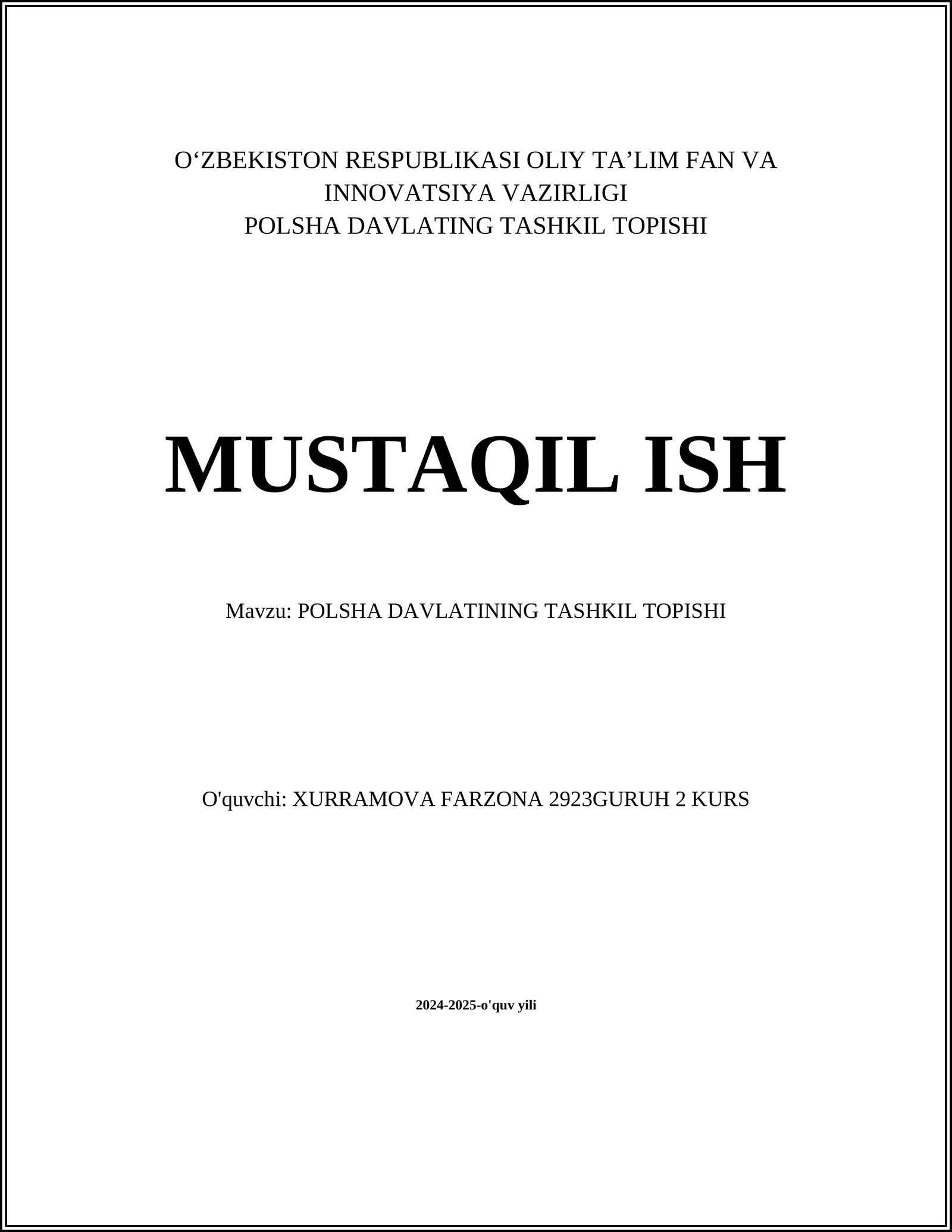 POLSHA DAVLATINING TASHKIL TOPISHI