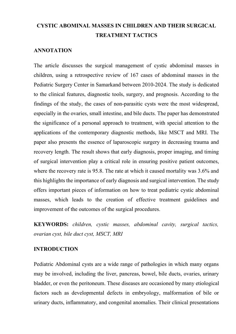 CYSTIC ABOMINAL MASSES IN CHILDREN AND THEIR SURGICAL TREATMENT TACTICS