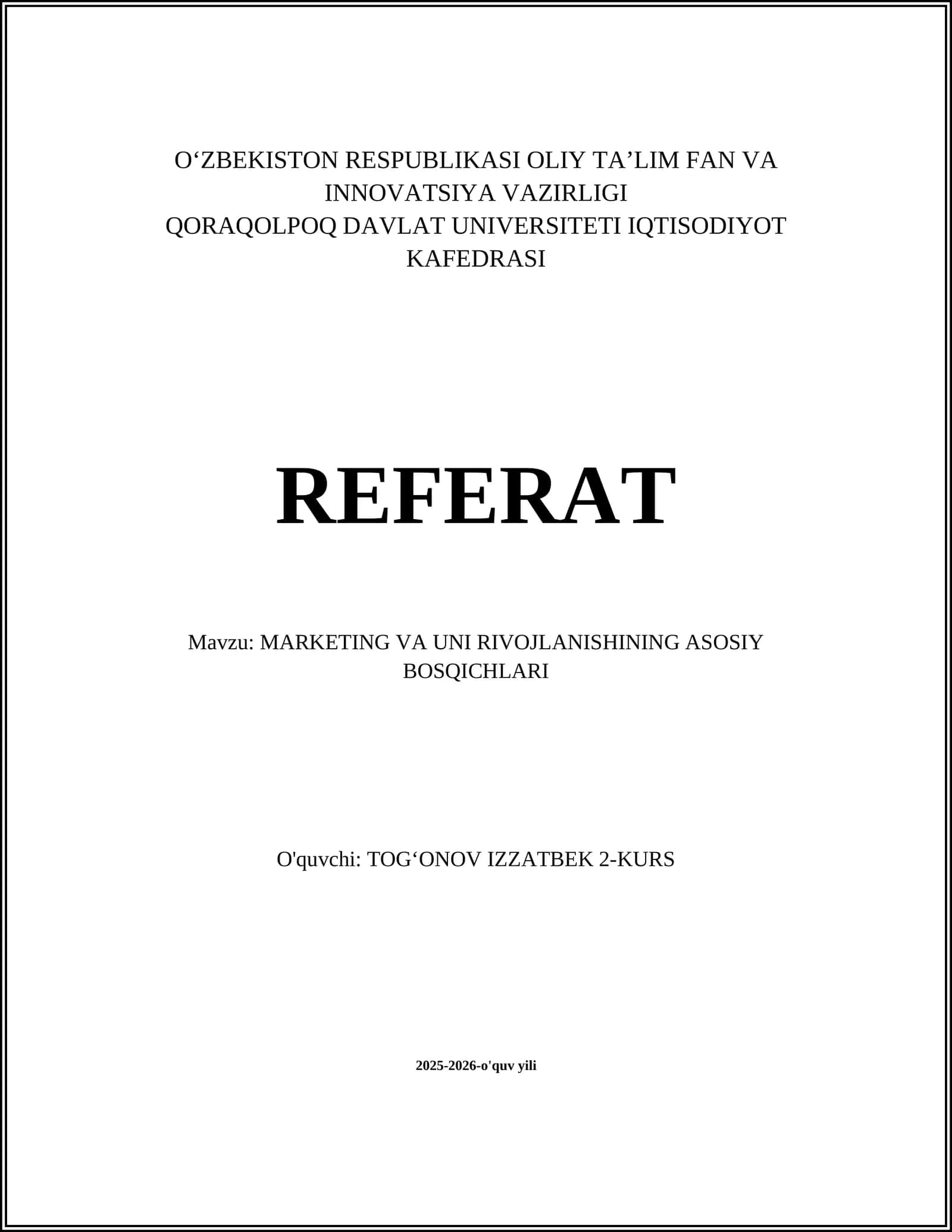 MARKETING VA UNI RIVOJLANISHINING ASOSIY BOSQICHLARI