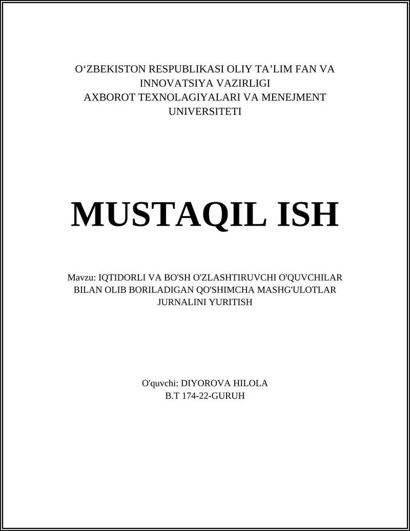 Qo'shimcha Mashg'ulotlar Jurnali