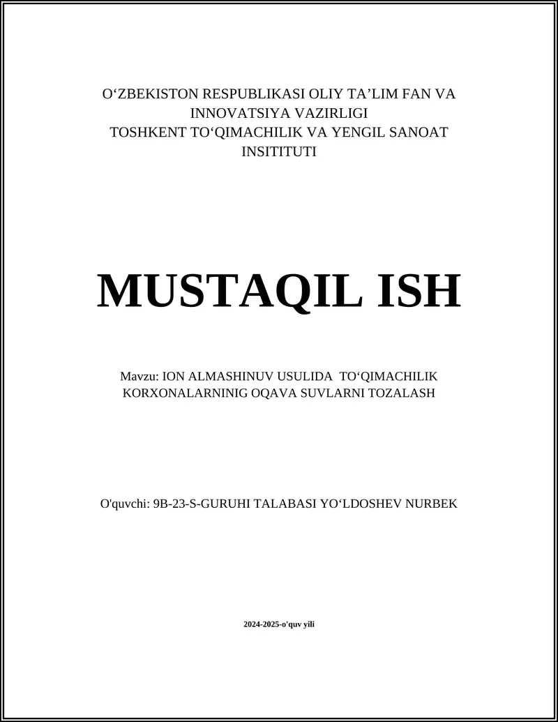 ION ALMASHINUV USULIDA TOʻQIMACHILIK KORXONALARNINIG OQAVA SUVLARNI TOZALASH
