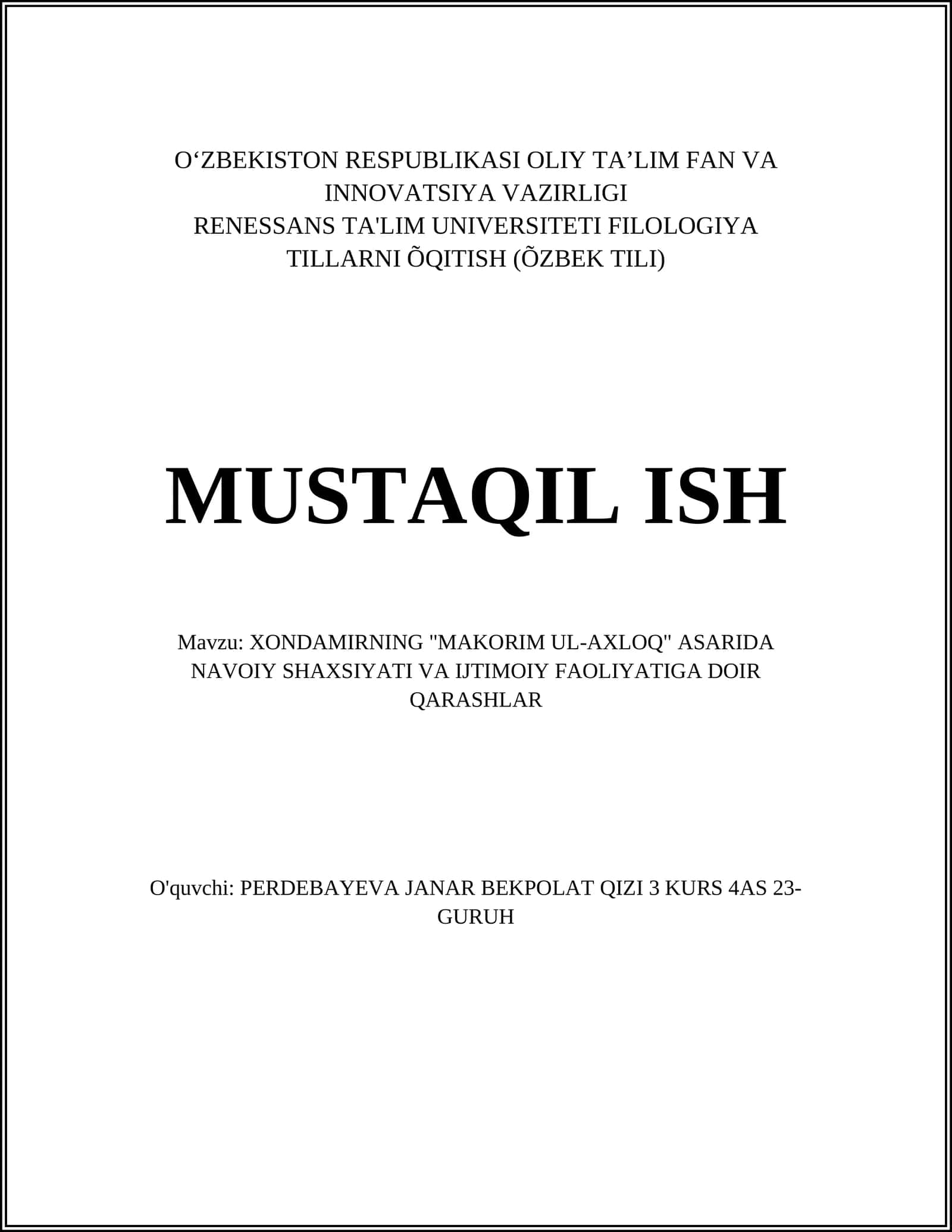 XONDAMIRNING "MAKORIM UL-AXLOQ" ASARIDA NAVOIY SHAXSIYATI VA IJTIMOIY FAOLIYATIGA DOIR QARASHLAR