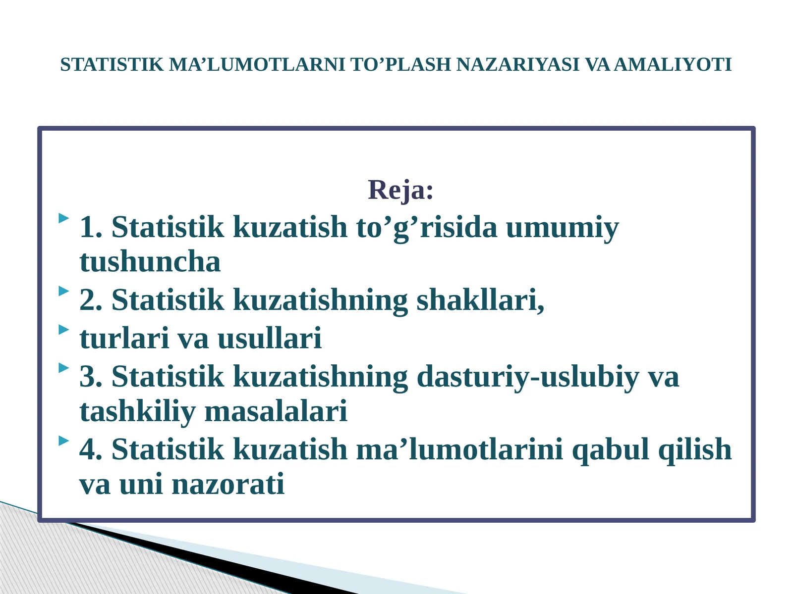 STATISTIK MA’LUMOTLARNI TO’PLASH NAZARIYASI VA AMALIYOTI