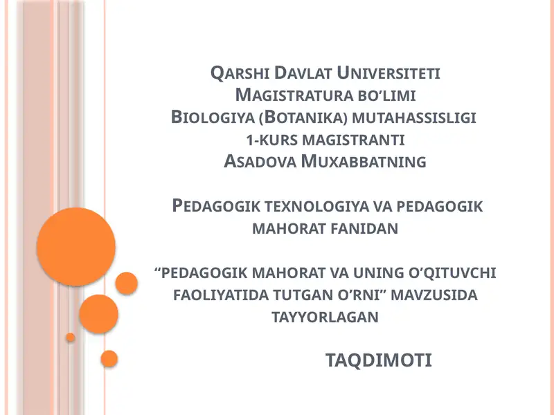 Pedagogik mahorat va uning o'qituvchi faoliyati